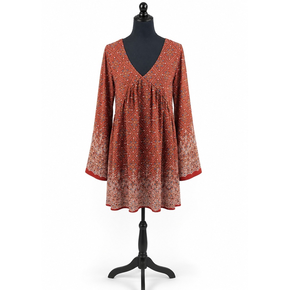 Peppermint USA Red Boho Paisley Mini Dress Bell Sleeve V Neck Empire Waist